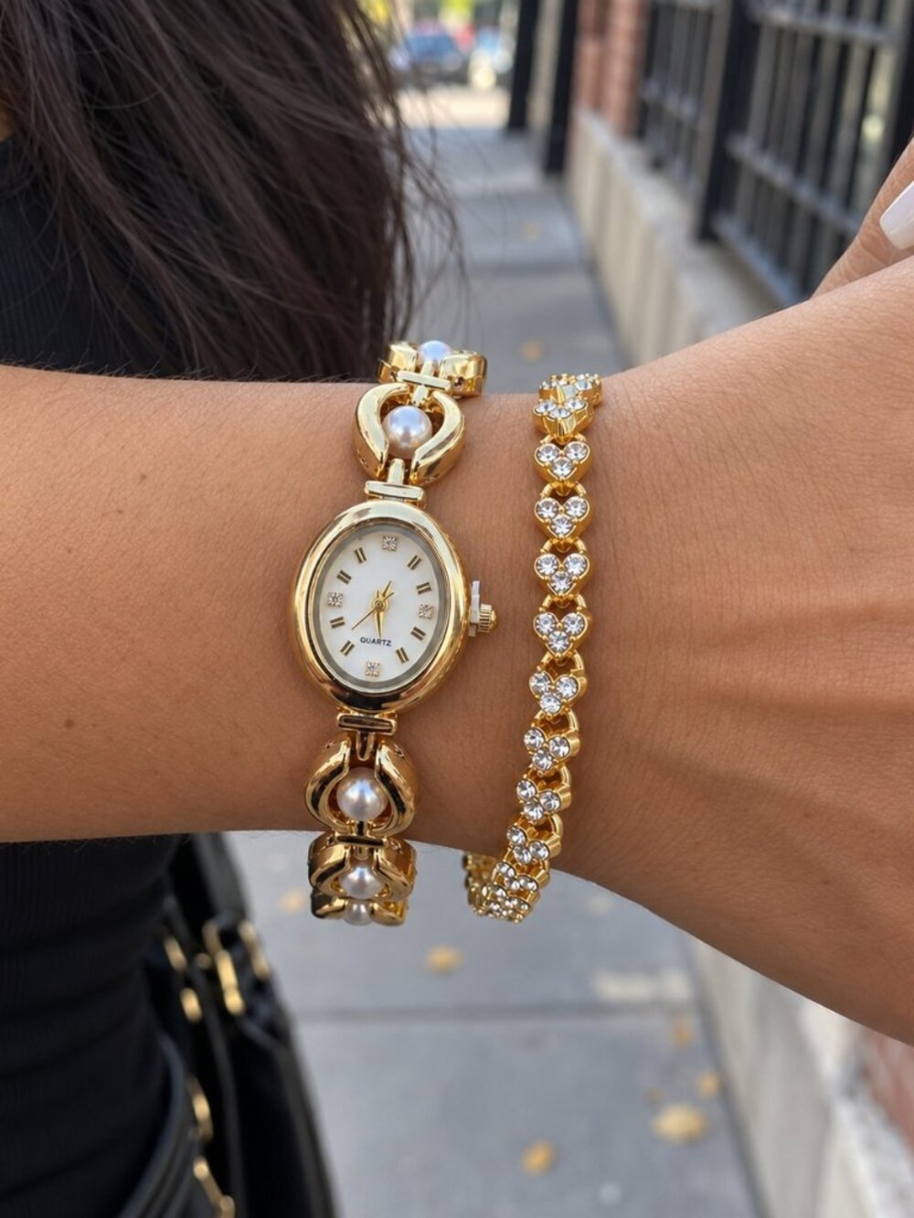 Preppy Gold Pearl Link Bracelet Watch Y2K Coquette Glam OS